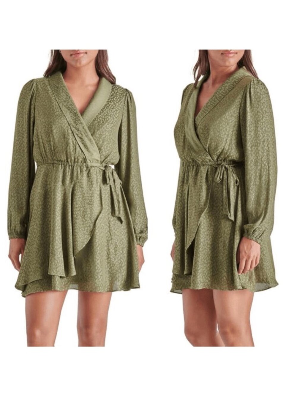 Steve Madden Green Faux-Wrap Mini Dress‎ Long Sleeves Size S Chiffon Evening